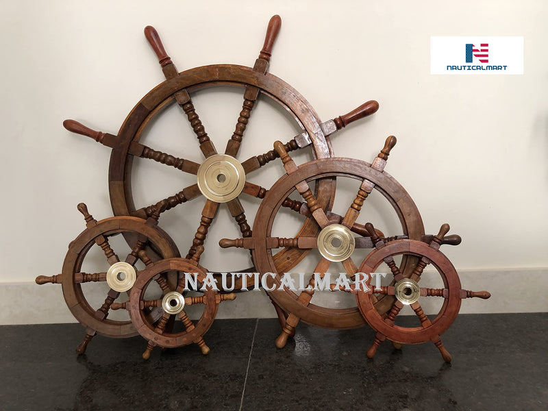 Captain’s Wooden Ship Wheel 12” – Handcrafted Wheel with Brass Ring & Hub, Nautical Wall Décor,Pirate and Beach-Themed Home or Office