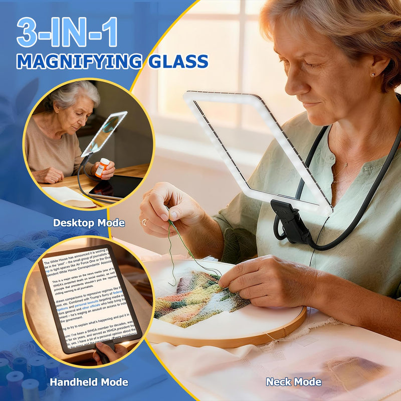 Large Hands-Free Magnifying Glass with 50 Ultra-Bright LED Light, Lightweight Lighted Neck Page Magnifier for Reading Books, Sewing, Knitting, Cross Stitch & Crafts for Close Work for Seniors