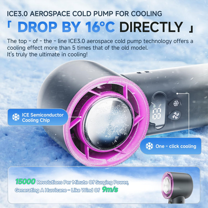 [2025 Upgrade] Portable Cooler Handheld Fan, [Coldest Turbo Hand Fan] 15000RPM 24H Max Cooling Time Highly Speed (1-100) Hand Fan, Collapsible Mini Small for Travel, Office (Grey) grey