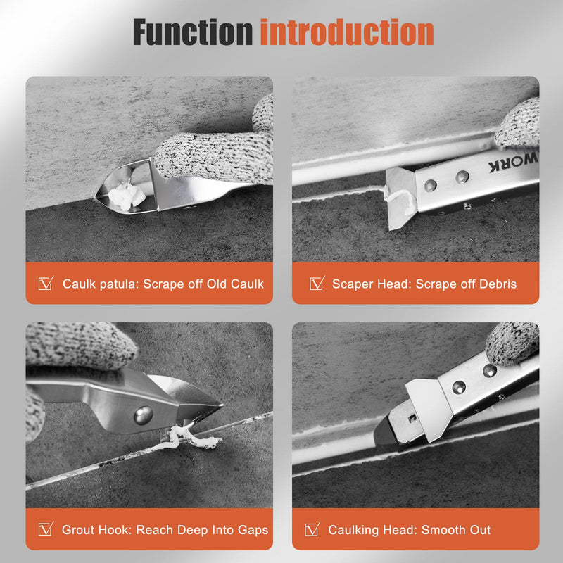 Caulking Tool Kit, Stainless Steel Caulk Remover Caulking Tool Set with Cut Resistant Gloves, Scraper, Silicone Caulking Tools, 4 in 1 Caulking Finishing Tool for Bathroom Kitchen Living Room Silver kit