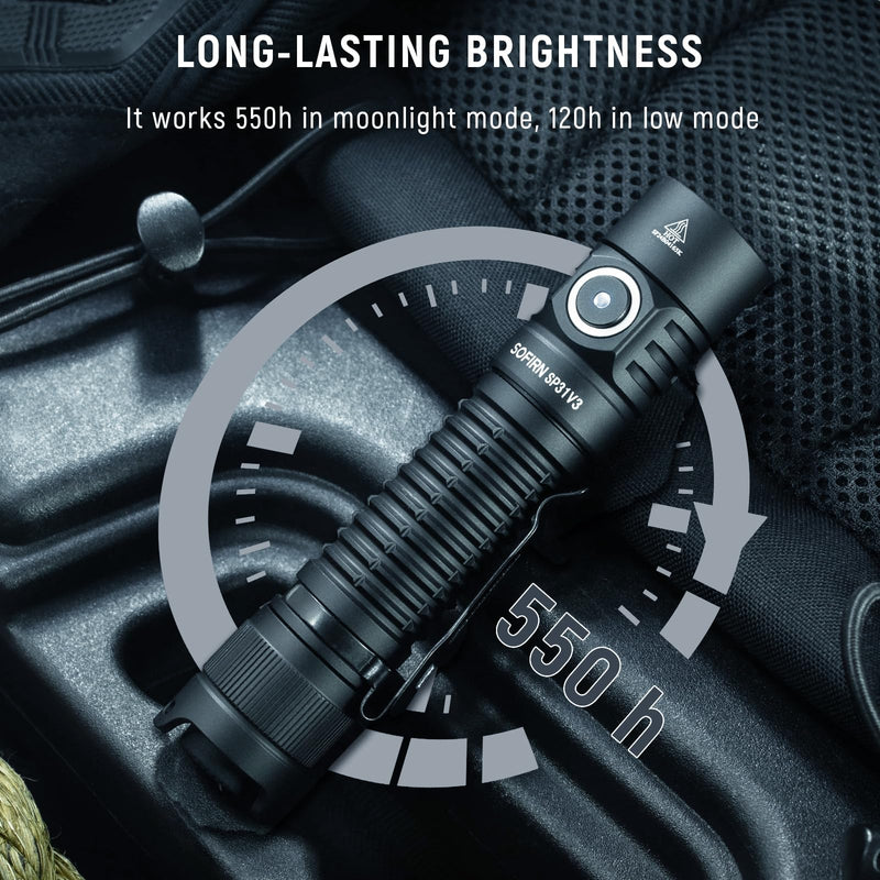 Sofirn SP31 V3 Tactical Flashlight Rechargeable, 2000 High Lumen Pocket Flashlight with Powerful LED, Dual Switches and Battery for EDC, Home, Emergency, Heavy Duty, IP68 Waterproof / Compact Built Black