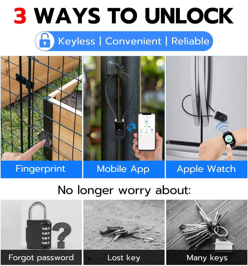 Fingerprint Cable Lock, Anweller 14" Long Shackle Keyless Entry Biometric Waterproof Bluetooth Smart Combination Padlock for Gate Outdoor Fence Fridge Cabinet Locker Pool Yard Pantry Bike - Black Back