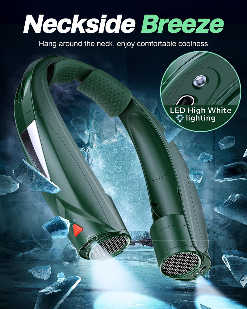 Portable Neck Fan - with LED Book Light, 6-20 Hrs Long Battery, 6-Speed Adjustable, USB-C Rechargeable, Ultra Quiet, Hands-Free Personal Cooling for Men Women Outdoor Indoor Green