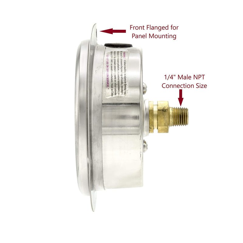 PIC Gauges 204L-404R Front Flanged Panel Mount Glycerine Filled Pressure Gauge w/ SS Case/Bezel, Brass Internals, PC Lens, 4" Dial, 0/5000 psi Range, 1/4" Male NPT 0 - 5,000 PSI