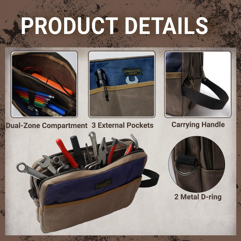 Retro Versatile Small Tool Bag, Crossbody & Clutch Convertible, 12" Two-Compartment Waxed Canvas Pouch for Wrenches, Screwdrivers, DIY, Carpenter Tools Storage, Grey