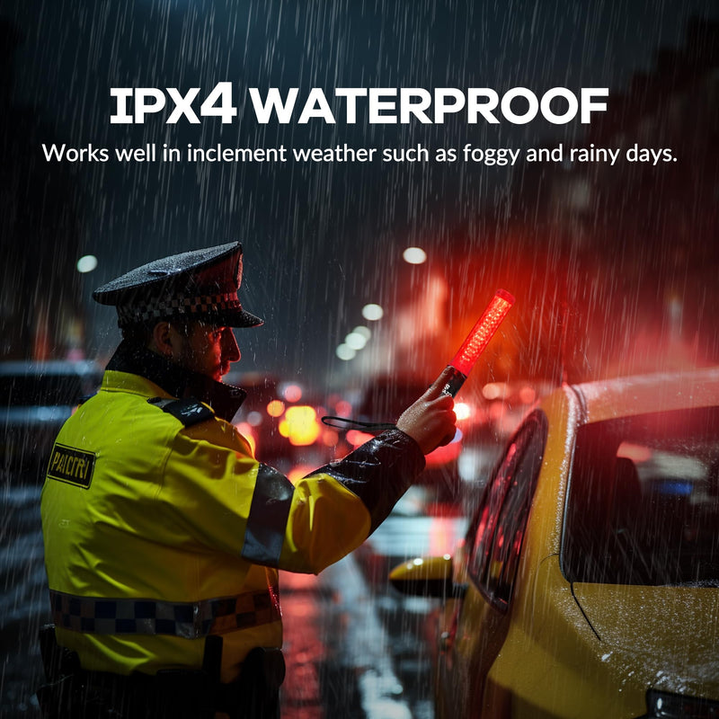 2 Pack 10 Inch Rechargeable Traffic Signal Wand, Traffic Control Baton with White LED on Top, Air Marshalling Wand with 3 Flashing Modes for Airport, Car Directing Red 2 Pack