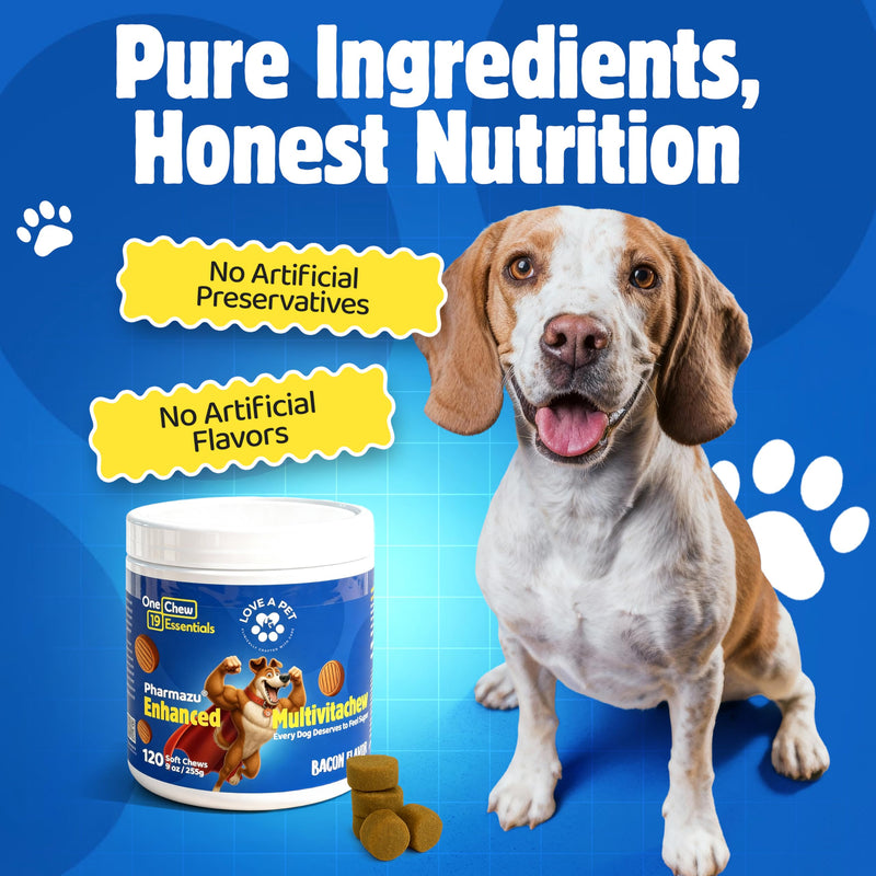 Enhanced Multivitachew – Dog Supplies Multivitamin Soft Chews with Glucosamine for Dogs – Supports Joints, Skin, Coat & Digestion – Dog Vitamins & Omega, Probiotics – 120 Bacon Chews