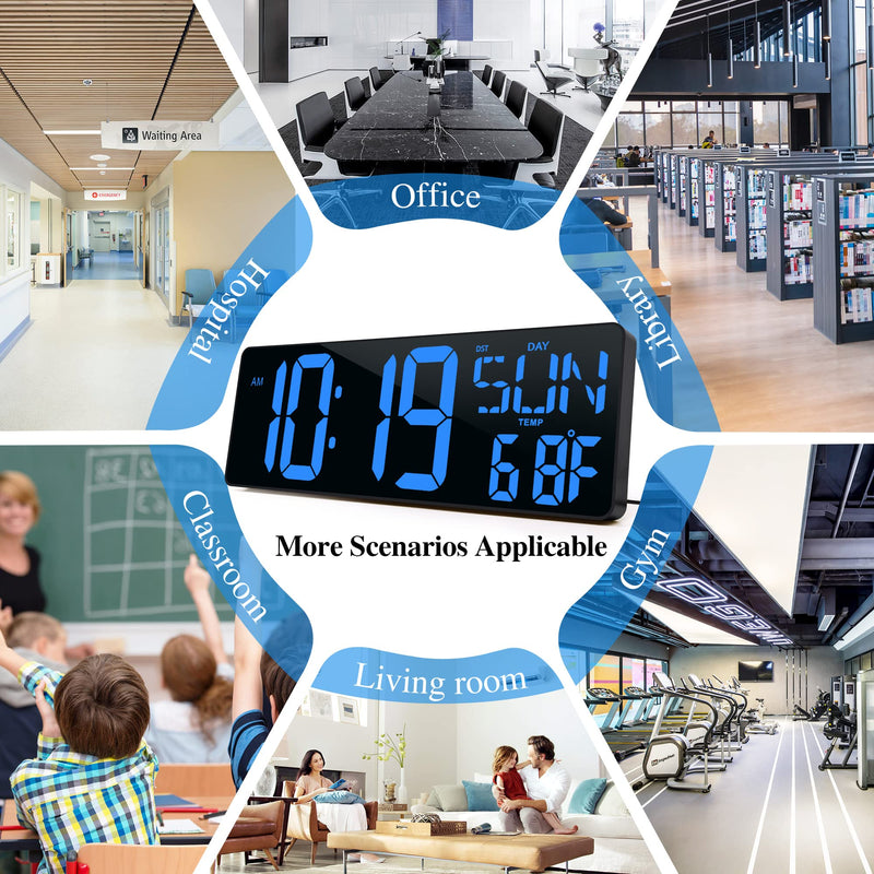 Large Digital Wall Clock with Remote Control 17.2" LED Large Display Timer with Temperature Date Week Auto DST Adjustable Brightness, Big Wall Alarm Clock for Living Room Office Garage Gym Seniors 17.2in Blue