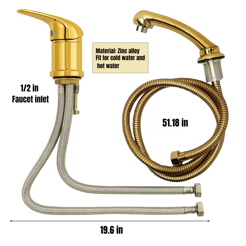 Salon Sink Faucet with Hose and Sprayer for Shampoo Bowls – 1/2" Inlet, Gold Finish – Complete Replacement Set – Durable Faucet + Tangle-Free Hose and Shower Head – Punta Belleza Salon Equipment