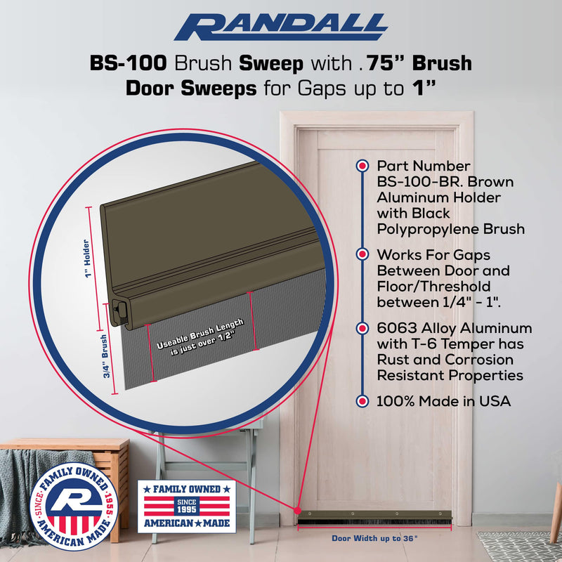 Randall Manufacturing Co., Inc | Door Sweeps – Aluminum & Brush | Brush Sweeps for Gaps Up to 1” | Brown Trim with Black Brush | 3 Feet | 3/4" Brush | Fill Gaps & Keep Unwanted Debris Out 3 FT Brown