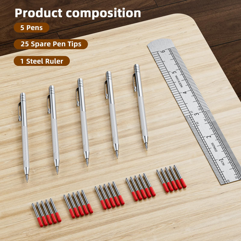 5-Pack Tungsten Carbide Scriber, Metal Scribe Tool with 25 Replacement Marking Tips & Steel Ruler - Knurled Aluminum Handle & Magnet, Engraving Pen for Glass/Ceramics/Metal Sheet (5) 5