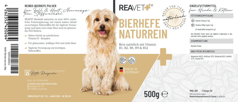 ReaVET brewer's yeast powder for dogs and cats 500g - pure brewer's yeast ground against hair loss and ticks, natural B vitamins and biotin for dogs and cats, without additives 500g - PawsPlanet Australia