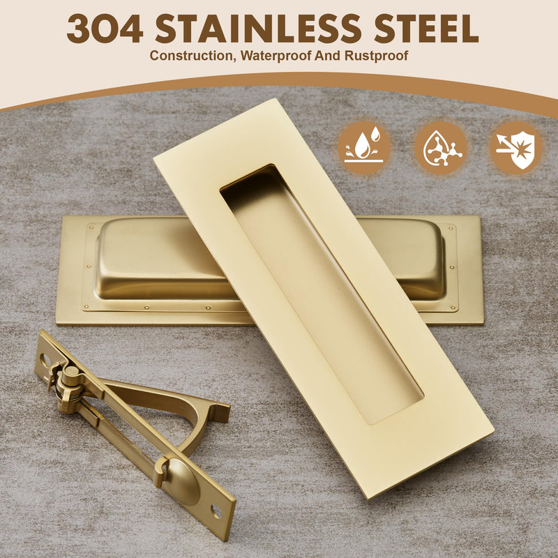 Pocket Door Hardware Set – 2 Recessed Flush Finger Pulls & 1 Edge Pull, Made of 304 Stainless Steel, Template Included, Gold
