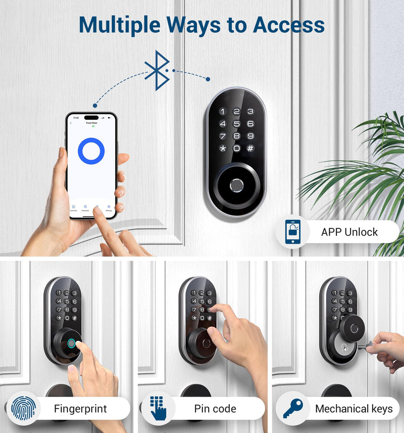 TEEHO TE342 Fingerprint Smart Keyless Entry Door Lock with Keypad, Bluetooth App Remote Control - Electronic Deadbolt for Front Door - Auto Lock - Silver