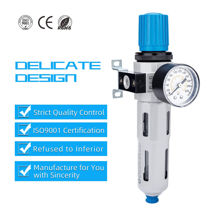 NANPU 1/4" NPT High Pressure Compressed Air Filter Regulator Water/Oil Trap Separator - Gauge(0-230 psi), Poly Bowl,Semi-Auto Drain, Bracket