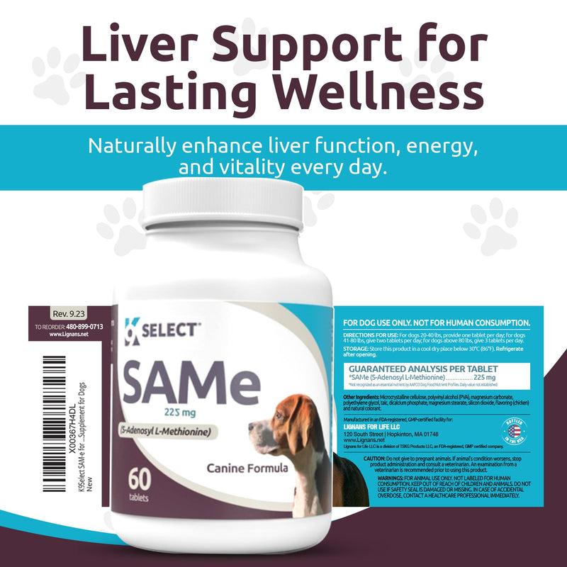 K9 Select SAM-e for Dogs: 225mg, 60 Tablets Active S-Adenosyl-L-Methionine Liver Supplement - Cognitive and Joint Health Nutrition for Medium and Large Dogs - Same Dog Liver Nutritional Supplement - PawsPlanet Australia