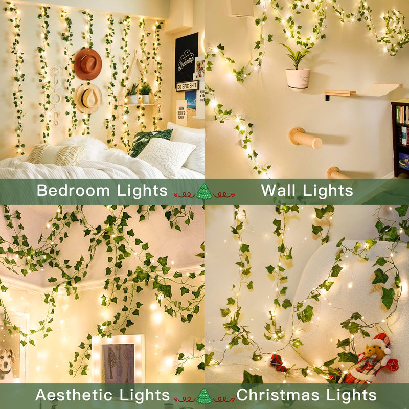 suddus Vine with Fairy Lights Battery Operated, 33ft 100 LED Ivy String Lights with Remote, Leaf Lights for Bedroom, Room, Wall, Garden, Party, Wedding Decor (Warm White) 100 LED-Copper Wire Battery-Powered IVY-33ft