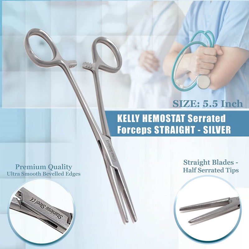 Set of 2 Pcs 5.5" Straight & Curved Kelly Hemostat Forceps Locking Clamps Premium Quality Stainless Steel Set-with Half Serrated Jaws (Silver) Silver