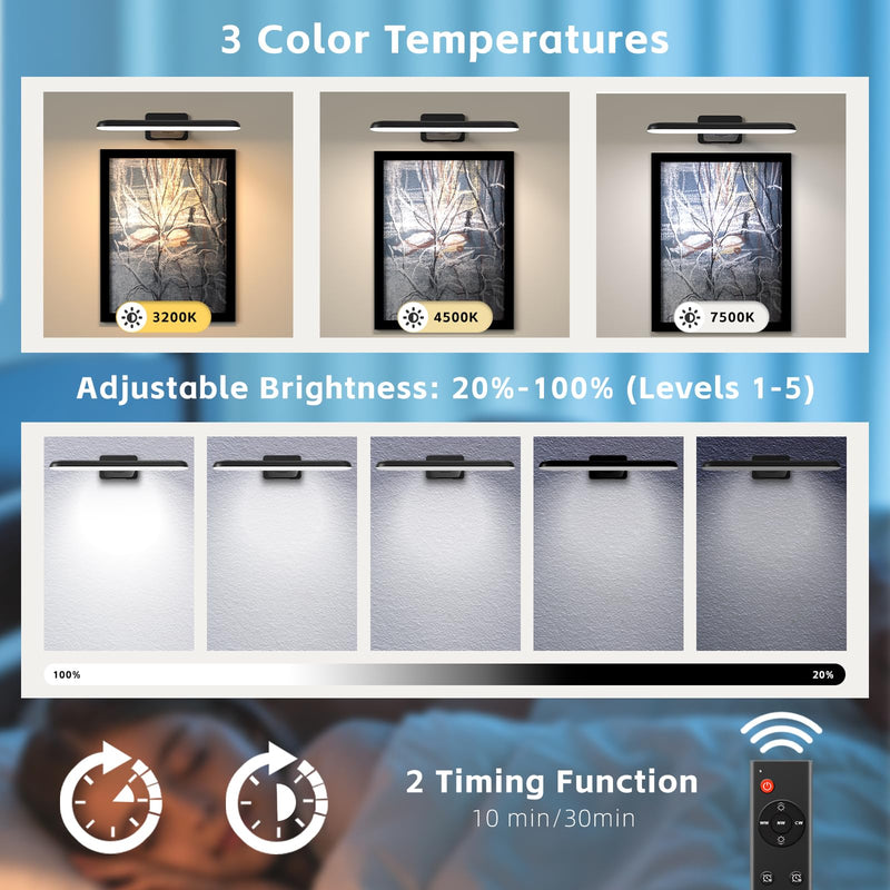 2 Pack Picture Lights Battery Operated with Remote, Rechargeable Picture Lights for Wall, 3CCT&Brightness Dimmable,300 LM, Sticker/Screw Installation, Art Light for Gallery, Artwork, Black