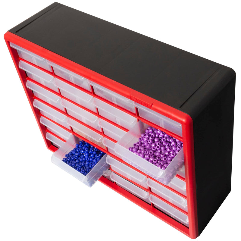 Akro-Mils 10124, 24 Drawer Plastic Parts Storage Hardware and Craft Cabinet, 20-Inch W x 6-Inch D x 16-Inch H, Red & 40717 Length Dividers for Plastic Storage Hardware and Craft Cabinet Large Drawers