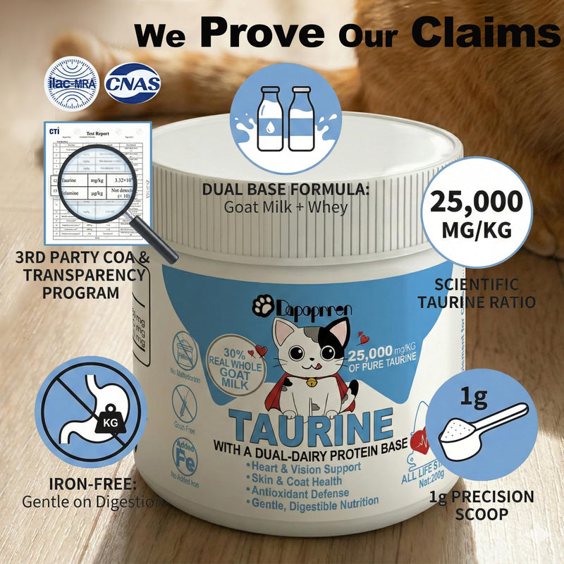Taurine for Cats with 30% Whole Goat Milk, 0% Maltodextrin Iron-Free Cat Taurine Supplement for Cardiac & Vision Support, Hydrolyzed Protein Amino Acid Powder for Picky Felines - 200g