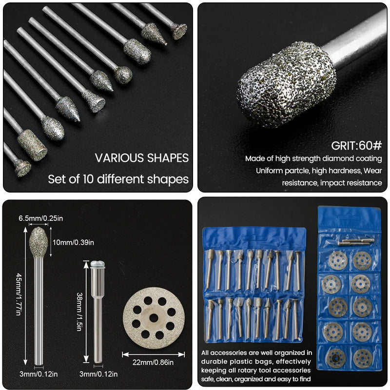 Diamond Burr Set for Dremel, Rotary Tool Grinding Cutting Wheel Stone Glass Tile Jewelry Engraving Rock Etching Masonry 1/8” Die Grinder Carving Cutter Metal Engraver Kit - 32pc Set Style 4