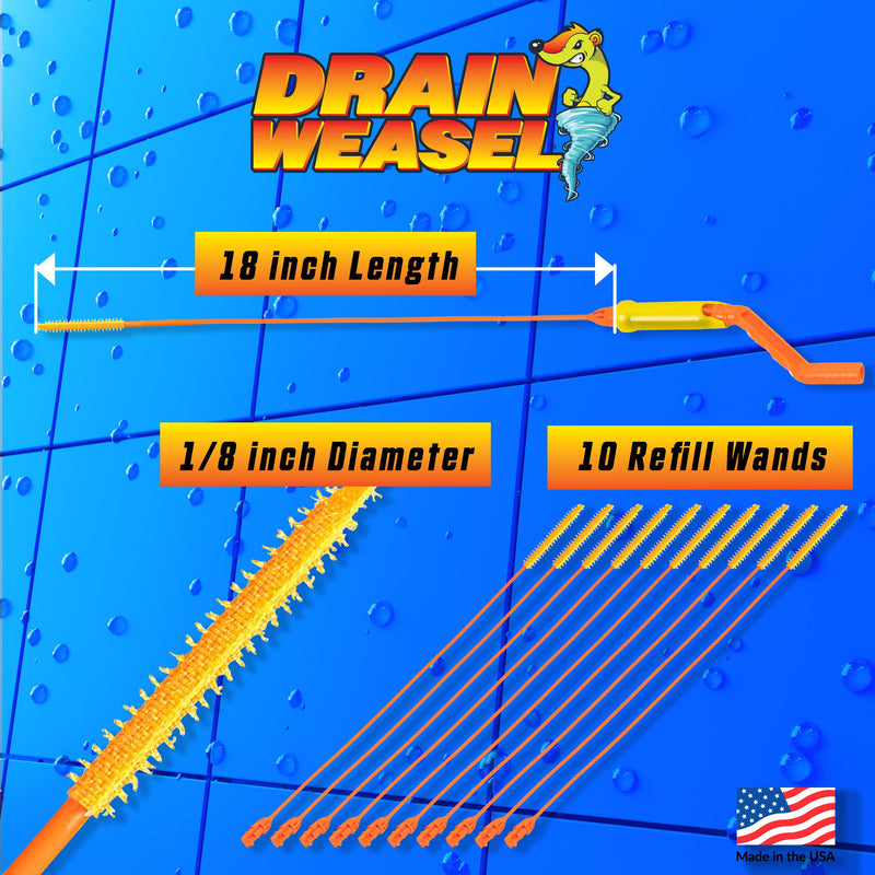 FlexiSnake Drain Weasel Sink Snake Hair Clog Remover Tool, Sink, Pipe, Bathroom, Bathtub Drain Cleaner, 18-inch Long, Flexible, Made in The USA, 10 Pack Wand Refills and Removable Handle