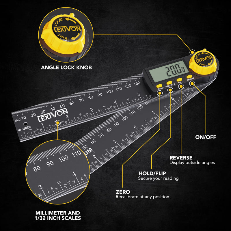 LEXIVON Aluminum Digital Angle Finder Gauge, 7-inch/180mm Multi-Purpose Protractor, Includes XL Display and Rugged Zippered Pouch (LX-DAF7) - NewNest Australia