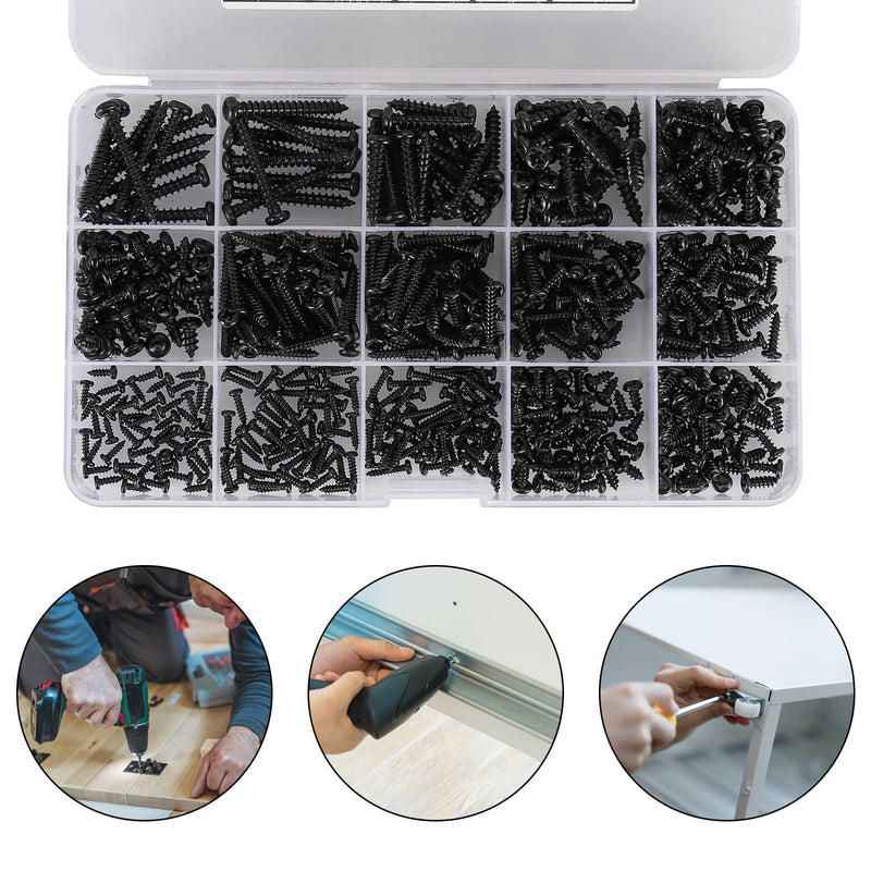 625pcs M2 M3 M4 Phillips Pan Head Self-Tapping Wood Screws,14 Sizes Cross Recessed Round Head Self Tapper Screws Assortment Kit for Wood,Plastic and Soft Metal,Black Carbon Steel,Sharp Point Black:625Pcs Pan Head M2-M3-M4