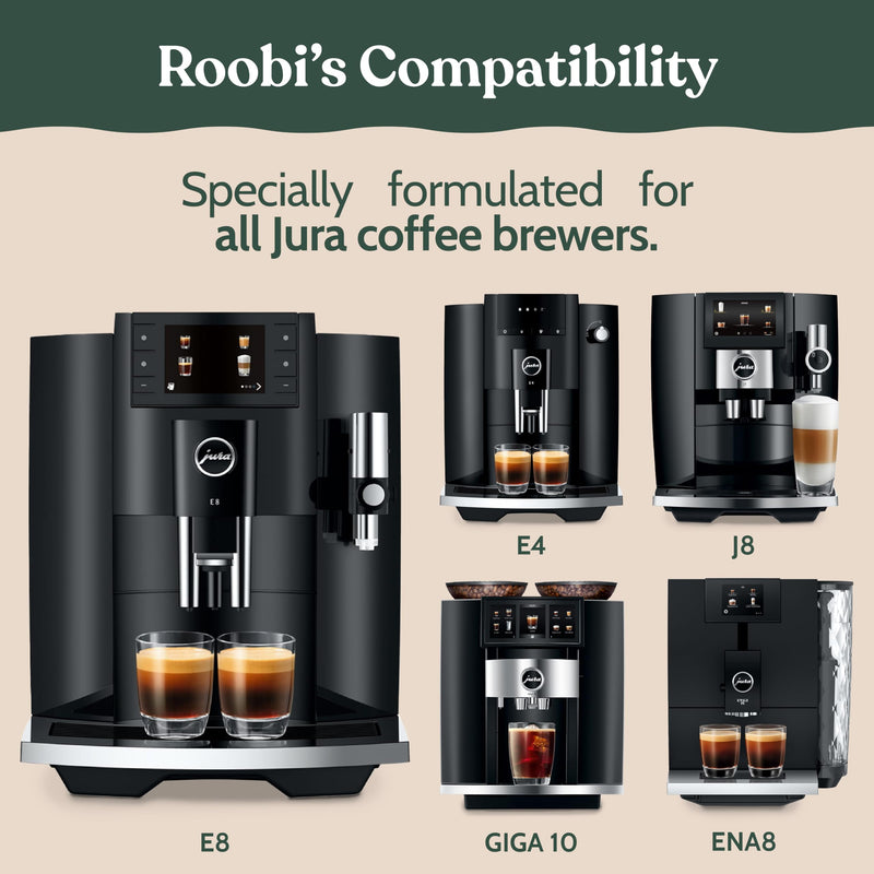 Roobi Compatible Milk System Cleaning Powder for Jura. Specially formulated for Jura Automatic Espresso Coffee Machines. 100% Vegan, Carbon Neutral. Milk Cleaning Powder