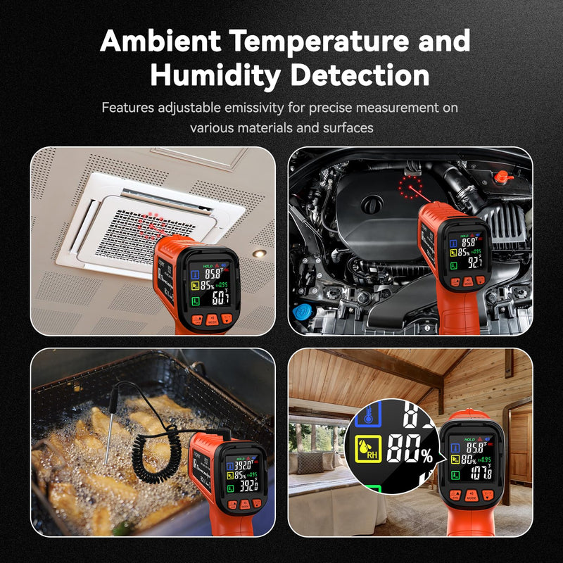 Infrared Thermometer Temperature Gun -58°F to 1796°, 16:1 Non Contact Laser Thermometer Gun with Thermocouple Probe for Humidity, Pizza Oven, Griddle, Ir Temp Gun for Home and Industry Repair orange