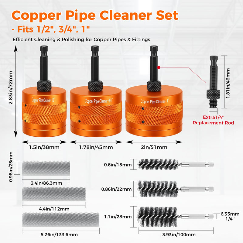 1/2" & 3/4" &1"Copper Pipe Cleaner Set for Drill with 1/4" Hex Shank & 6 Pipe Cleaning Brushes & 6 Exchange Blades&& 1 Rod 3 Copper Metal Pipe Cleaner Kit Plumbing Tools for Rust Stains Paint 1/2" + 3/4"+1"