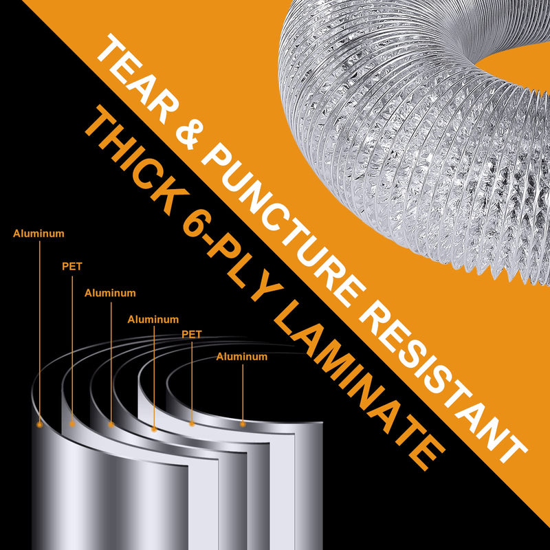 Heavy Duty 4"Flexible Dryer Vent Exhaust Duct Hose 3 Feet for Tight Space, Extra Thick(6-ply) Aluminum Foil Ducting Kit with 2 Key Hose Clamps 4 inch 3 Feet