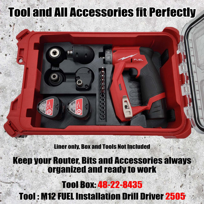 Tidy Tool Insert for Milwaukee M12 Installation Drill 2505-20 – Fits Packout Compact Organizer 48-22-8435 – All 4 Attachments & Battery Storage Liner Only