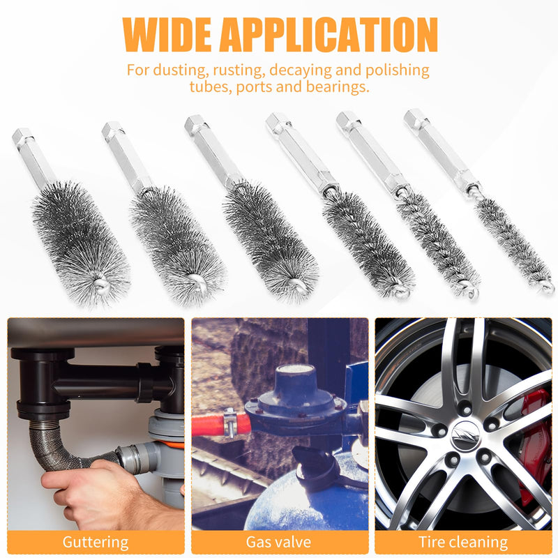6Pieces Wire Brush Drill Bore Cleaning Brush Set,with 1/4 Inch Hex Shank Stainless Steel Wire Twisted Brush for Drill Impact Driver 6