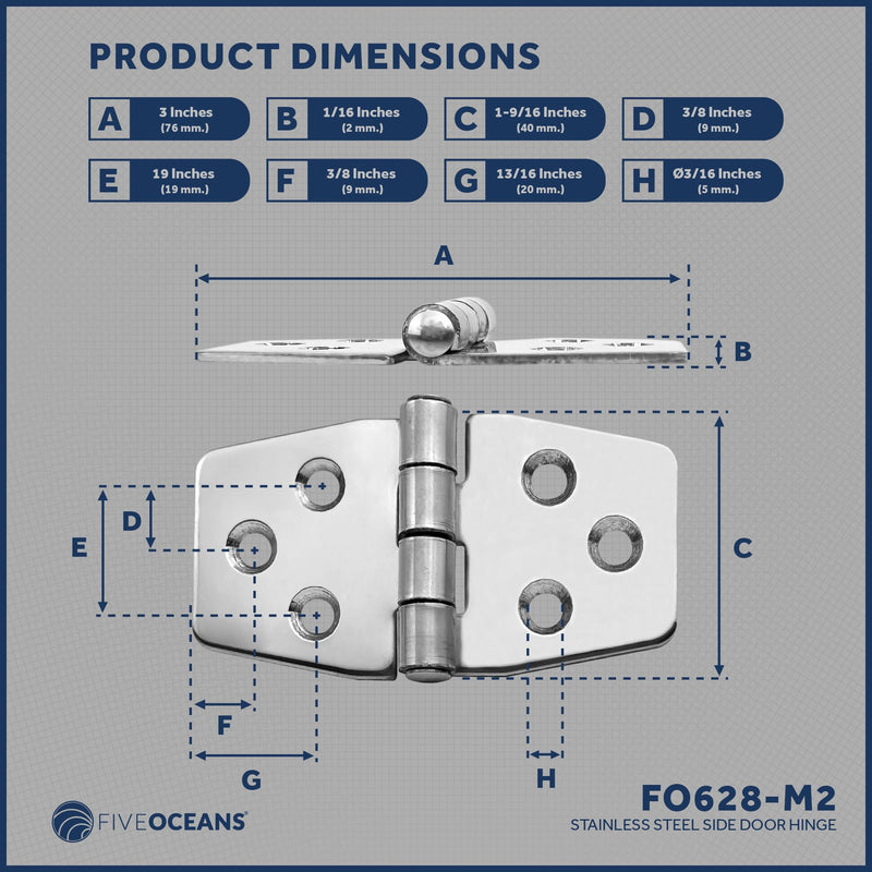 Five Oceans 316 Stainless Steel Hinges, Marine-Grade Boat Hatch Hinge 3-Inch x 1-9/16-Inch Pack of 2