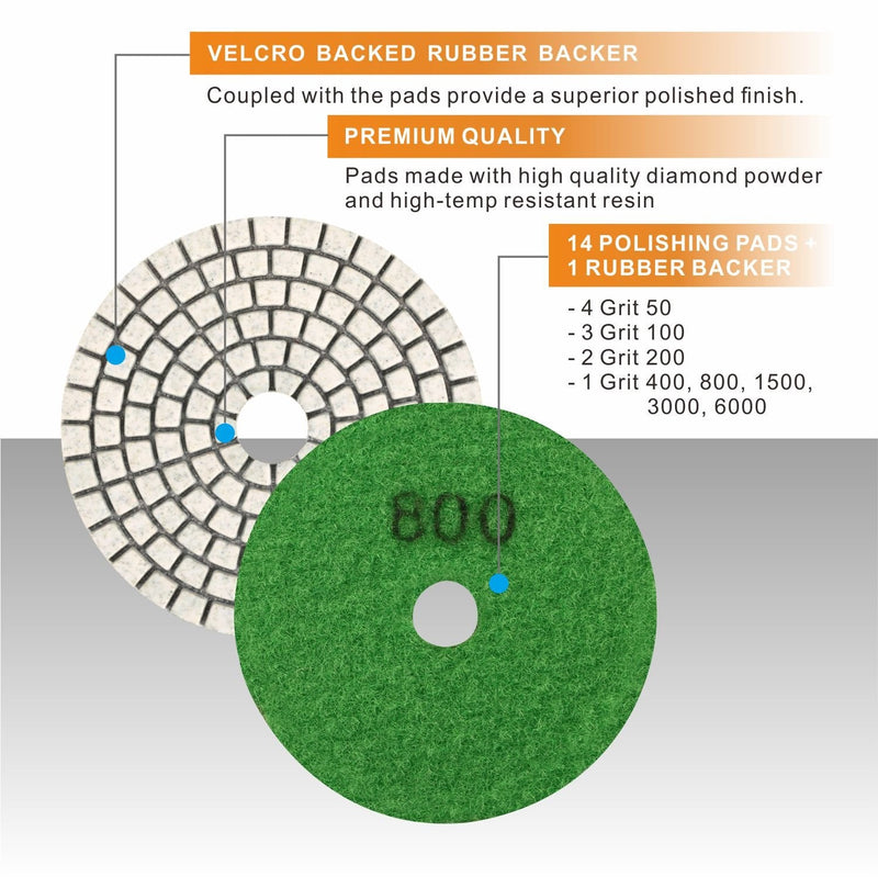 SPTA 15pcs Diamond Wet Polishing Pads Set, 4 inch, White, 50#-6000#, For Granite, Concrete, Marble, Stone, Tiles, With Floor Grinder or Polisher
