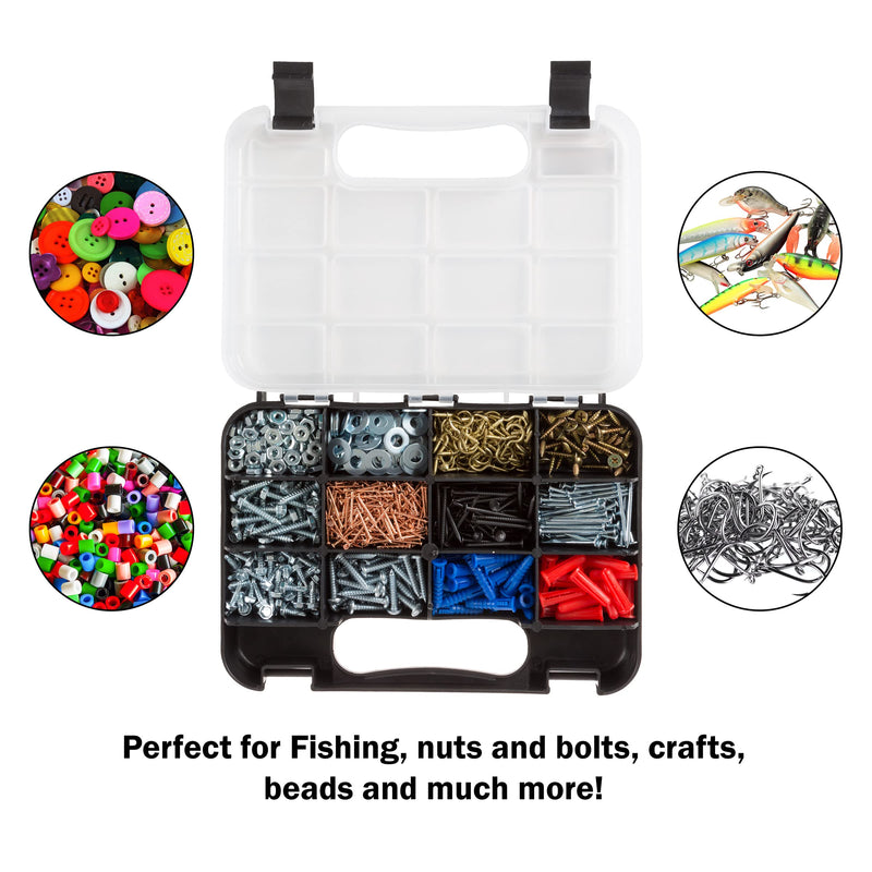 Small Parts Organizer Set – 2-Pack Plastic Storage Box with 14 Small Compartments for Hardware, Beads, Jewelry, Tackle, anDecore by Stalwart (Black)