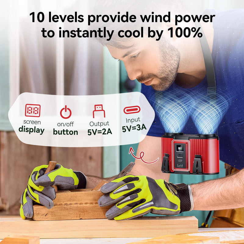 24000mAh Portable Waist Fan, Dual Waist Fan, USB Rechargeable Clip On Belt for Working, Dual Air Ducts Motors, 10 Speeds & 40H, Wearable Neck Fan Cooling for Camping, Outdoor, Travel (Red) Red 24000mAh