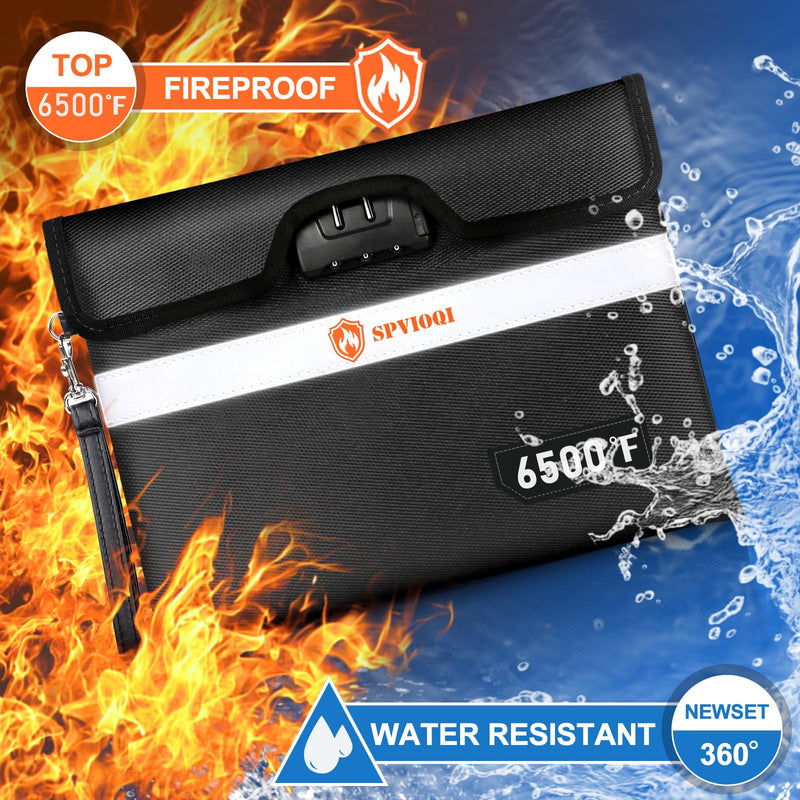 6500°F Upgraded Fireproof Document Bag with Lock, Fire proof Money Bag for Cash w. Zipper/Reflective Strip, 10 Layers of Heat Insulated Materials, Water Resistant Fireproof Bag for Documents, Fire Bag Black Large