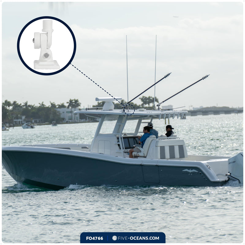Five Oceans Marine VHF Antenna Mount, Folding Antenna Mount with Adjustable Ratchet, Fits All Standard 1-inch Marine Antennas, White Nylon - FO4766