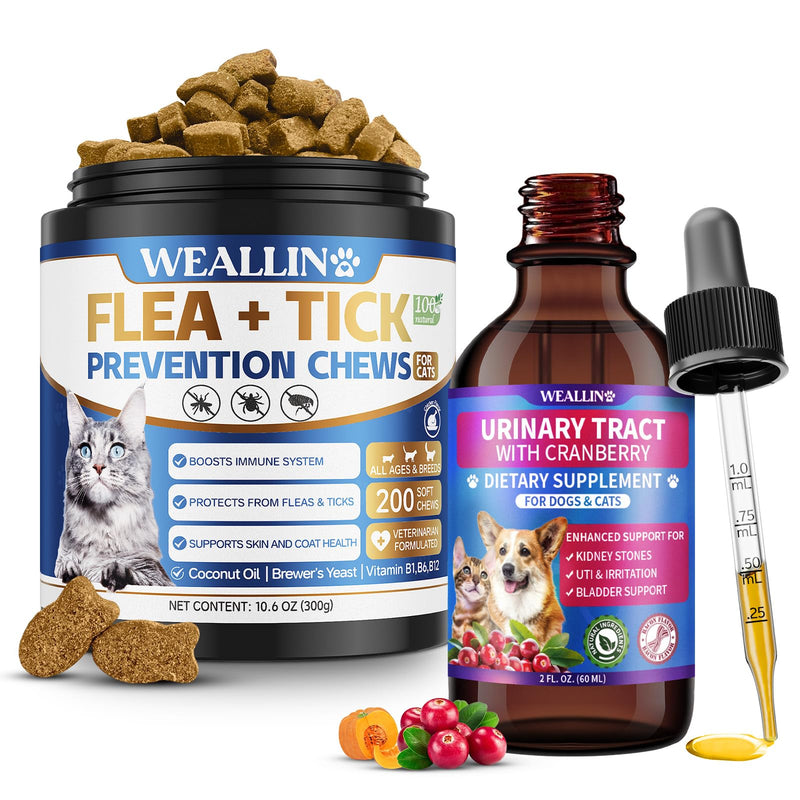 Cat Flea and Tick Prevention Soft Chews + Cat & Dog Urinary Tract Infection Treatment with Cranberry, Dual-Action Natural Wellness