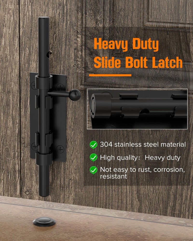7.7" Barrel Bolt Latch, Heavy Duty Slide Bolt Gate Latch, SUS304 Stainless Steel Thickened Metal Gate Locks for Outdoor Fence, Shed, Wooden Gate, Barn, Patio, Courtyard (Black - 1pc) Black - 1pc