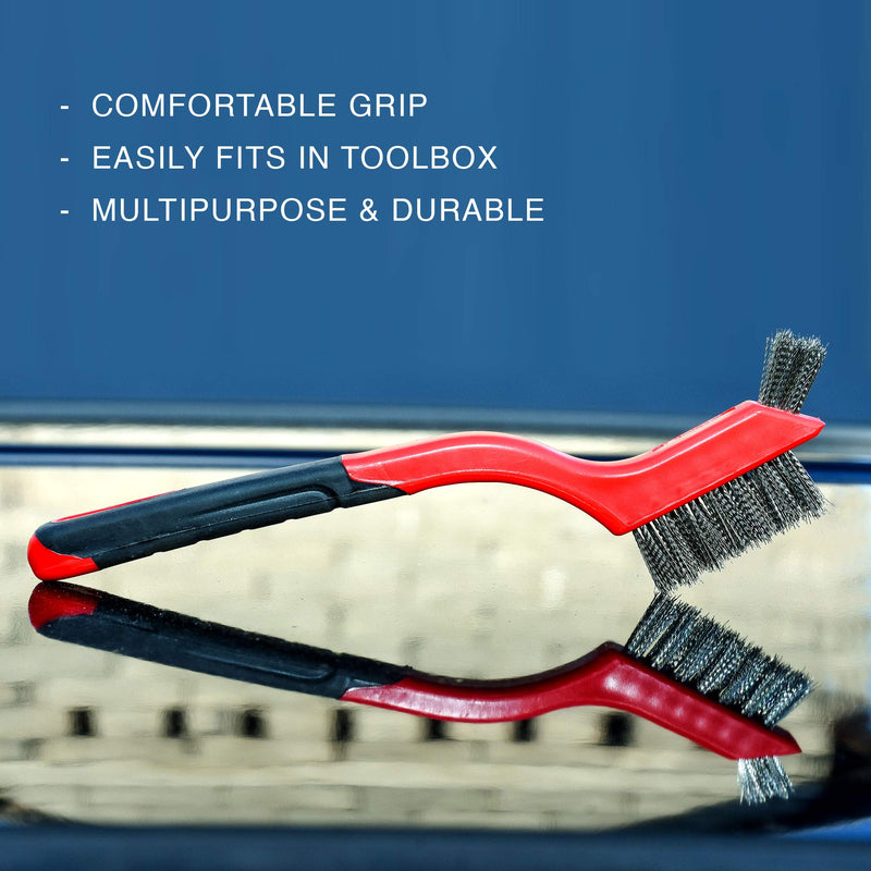 Wire Brush Set 3Pcs - Nylon/Brass/Stainless Steel Bristles with Curved Handle Grip for Rust, Dirt & Paint Scrubbing with Deep Cleaning – 7 Inches (Red) Red