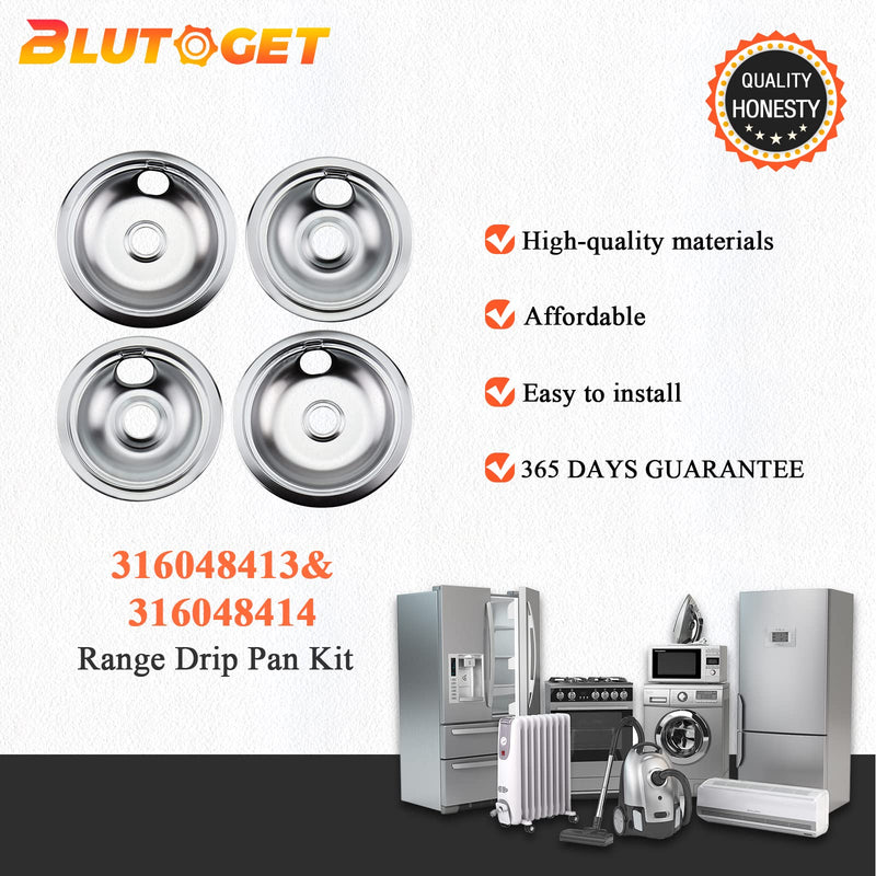 316048413 316048414 Electric Stove Burner Drip Pans by Blutoget - Fit for Frigidaire Ken-more Electric Range Top with Locking Slots- Includes 2 6-Inch and 2 8-Inch Pans,Silver(Chrome Plated Steel)