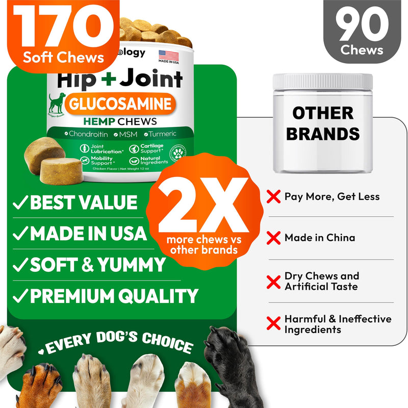 Hemp Hip and Joint Supplement for Dogs - Glucosamine for Dogs - 170 Mobility Support Chews - Advanced Joint Pain Relief Treats with Chondroitin, MSM, Turmeric - Large & Small Breeds - Made in USA 170 Chews