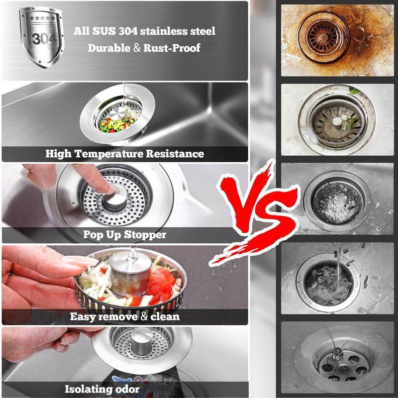 Upgraded 3 in 1 Kitchen Sink Drain Strainer Stopper, Brushed Stainless Steel SUS 304 Pop Up Sink Drain Stopper for Standard 3-1/2 Inch Drain Anti-Clogging Odor Prevention SUS304 Drain+SUS304 Strainer-1Pack
