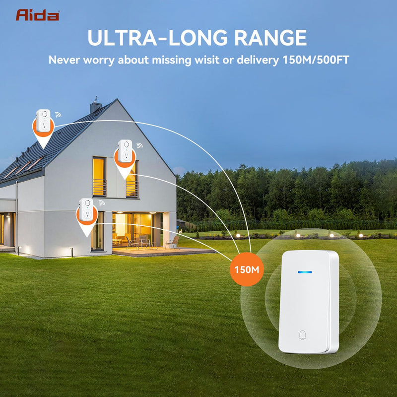 AIDA Wireless Doorbell, Self-powered Doorbell with Extra Socket, No Battery Required Push Button, Cordless Door Bell Ringer, 5 Volume Levels with 32 Doorbell Chimes (White, 1 Button & 1 Receiver) 1 Buttons & 1 Receiver White