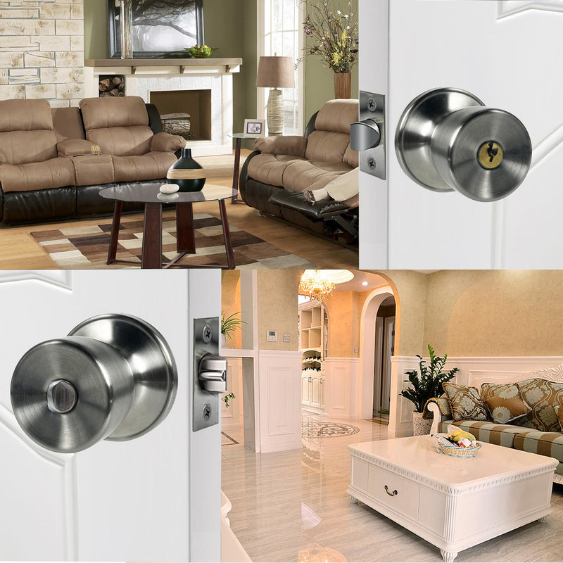 Satin Nickel Door Knob with Lock and Key Round Ball Lock Interior/Exterior Door Knob for Bedroom Or Bathroom (1 Pack) 1 Piece Keyed Entry Stainless Satin ET1