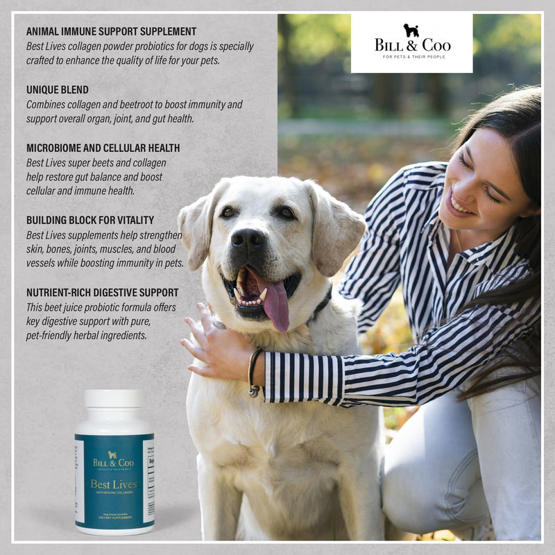 BILL & COO Best Lives Fiber Supplement with Bovine Collagen Peptides & Beetroot Powder for Dogs - Promotes Digestive, Heart and Liver Support - Dog Joints Supplement Formula - 90g